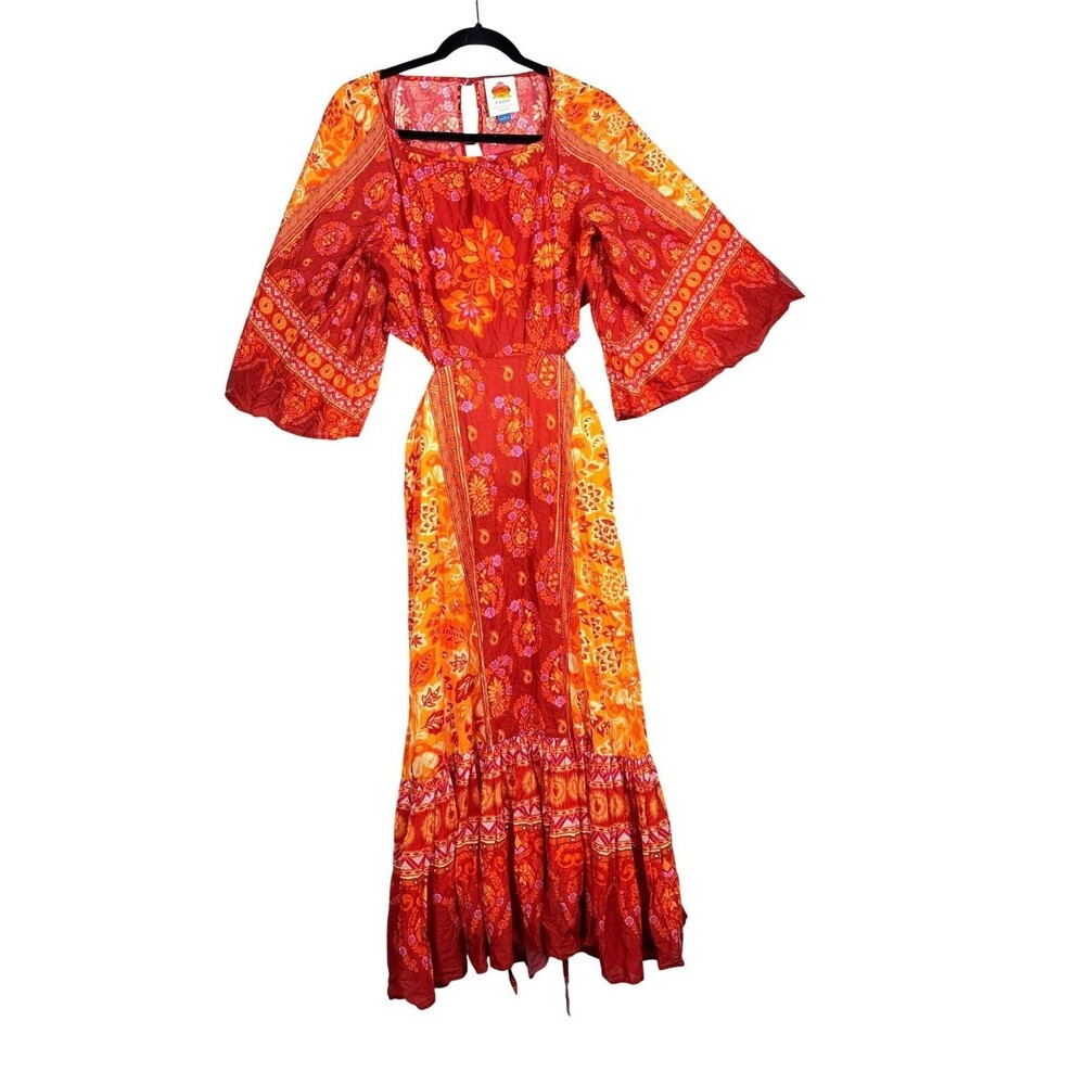 FARM Rio Combuco Cutout Maxi Dress Bell Sleeves Bright Floral Paisley Red Orange